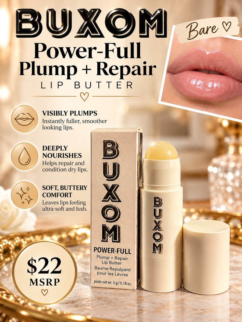 Buxom Cosmetics $22 Power-Full Plump + Repair Lip Butter in Bare NIB
